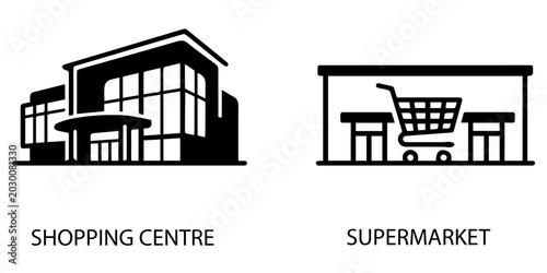Fotografija Shopping centre and supermarket icons with black and white shopping supermarket
