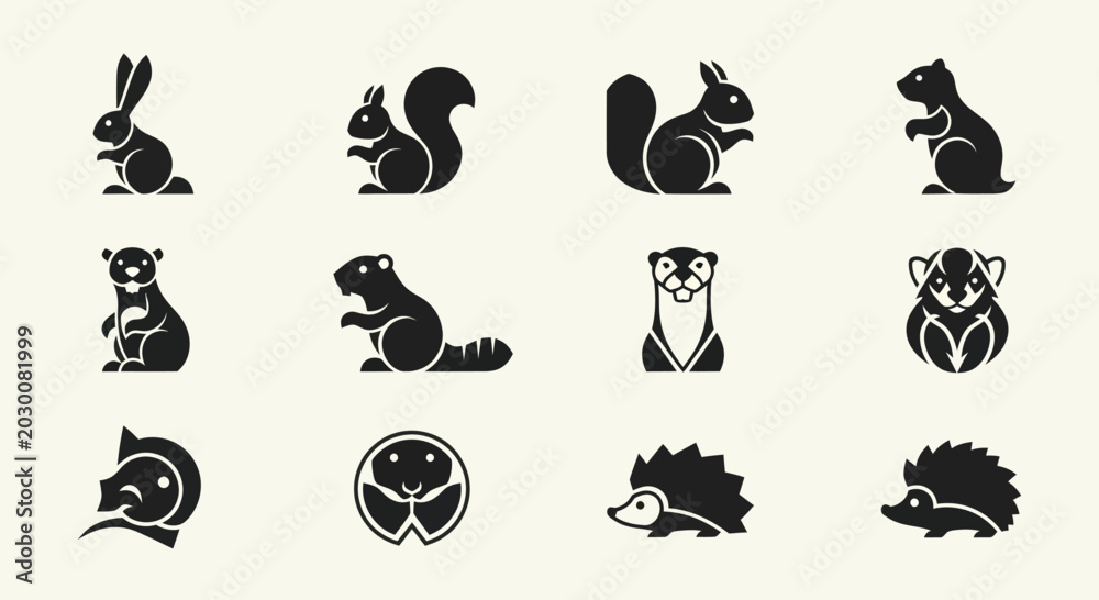 Obraz premium Cute Woodland Animals Icons Set - Rabbit, Squirrel, Beaver, Badger, Hedgehog