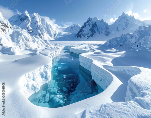 A stunning glacial landscape with crystal-clear turquoise water surrounded by snow-covered mountains