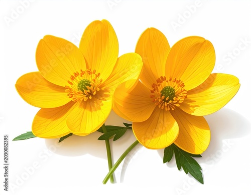Two vibrant yellow buttercups with green centers and leaves on white