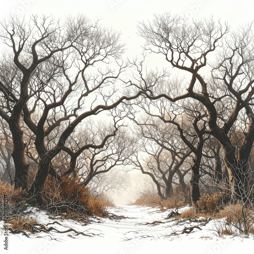 Bare, twisted branches of trees frame a snow-dusted path in a misty forest