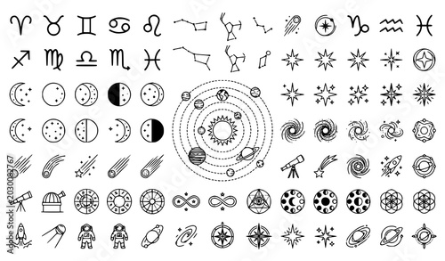 Fotografie Minimal Celestial Line Icons with Astrology Zodiac and Cosmic Astronomy Symbols