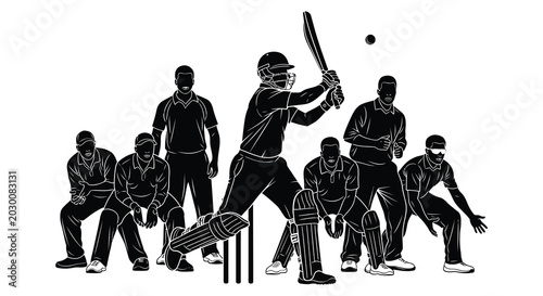 Vászonkép Cricket players in action a team silhouette against a white background