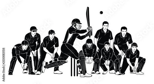 Obraz na płótnie Cricket team players in action black and white graphic illustration silhouette