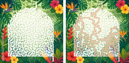 Hard arched dome shaped geometric labyrinth puzzle with tropical jungle leaves and hibiscus flowers background