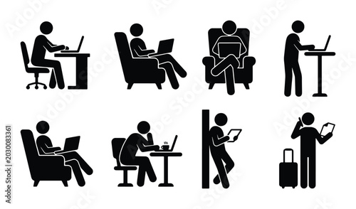 Photos Diverse Stick Figure Work From Home Icons, Remote Work Lifestyle, Digital Nomad