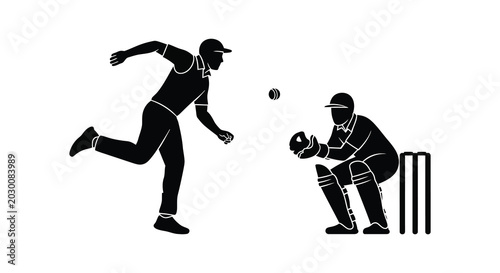 Foto Cricket bowler and batsman in action black silhouette