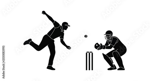Schilderij op canvas Cricket players in action bowler and batsman silhouette