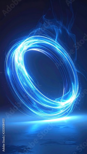 Glowing blue ethereal ring of light hovers above reflective surface
