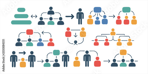 People organization charts and teamwork hierarchy symbols in colorful flat design vector illustration