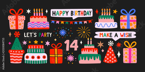 Fotografie festive birthday illustration with cakes gifts and celebratory elements