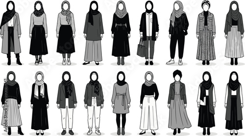 Schilderij op canvas Diverse women in modest fashion styles standing in a row, monochrome illustratio