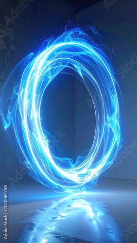 Glowing blue energy portal shimmering within a dark, reflective room