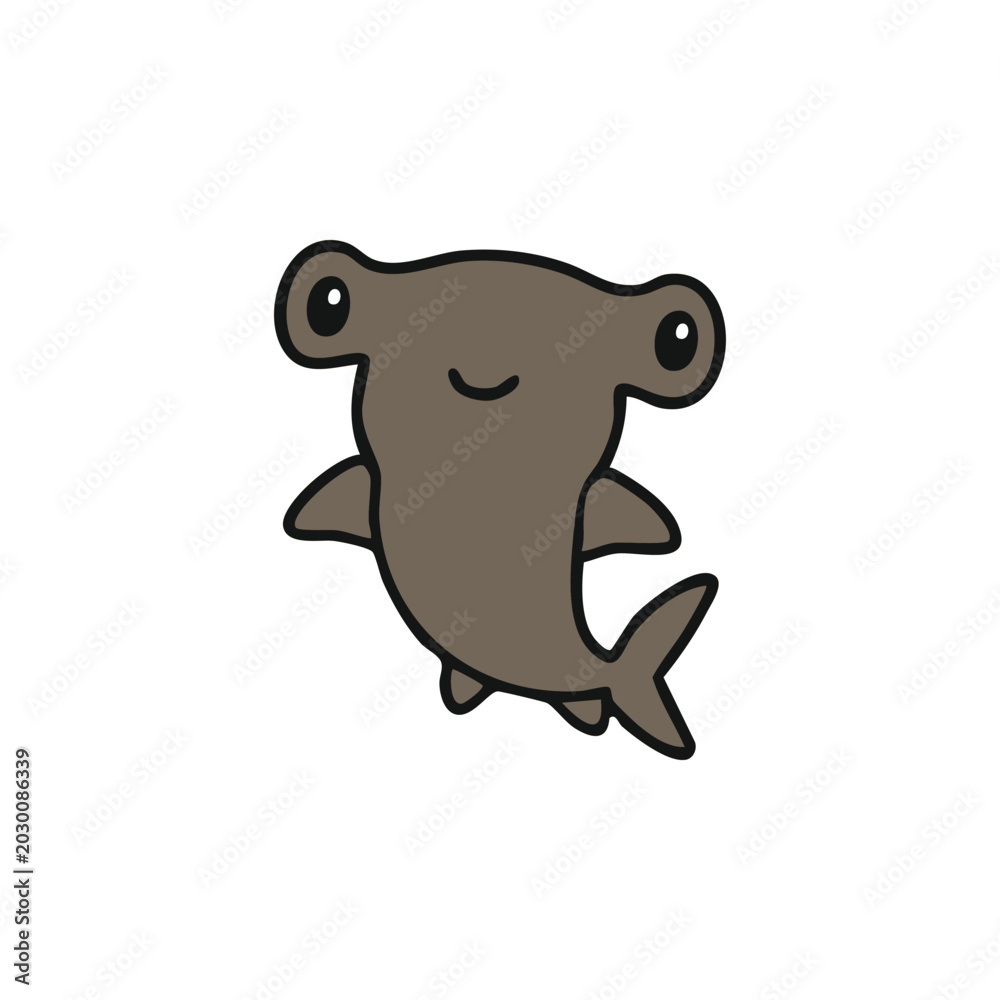 Fototapeta premium Cute Hammerhead Shark Illustration: A charming, cartoon-style illustration of a hammerhead shark with a friendly smile and wide, curious eyes, floating playfully in the ocean.