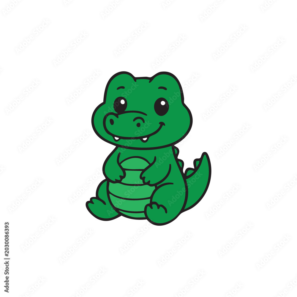 Naklejka premium Cute Baby Crocodile Illustration: A charming cartoon illustration of a little green crocodile sitting, with a friendly smile and big eyes, perfect for children's themes.