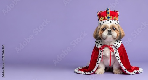 Dog in royal costume with crown and cape on purple background. Dog wears majestic outfit, including crown and regal cape, looking adorable and noble. Concept of pet fashion and royalty in photography.