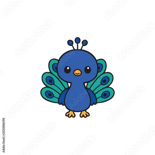 Cute Peacock Illustration: A charming cartoon peacock, adorned in vibrant blue and green feathers, stands proudly with its tail fanned out.