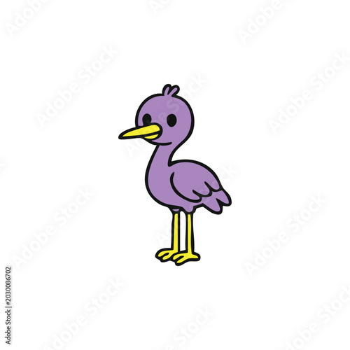 Purple Cartoon Bird: A cute and whimsical purple bird with large yellow feet and beak stands out against a clean background, its charming illustration perfect for playful designs.
