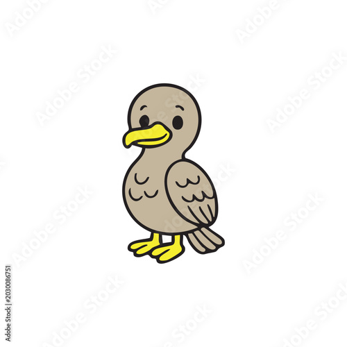 Cute Bird Illustration: A charming, cartoonish bird with big eyes and a yellow beak stands looking forward, showcasing its simple, appealing design.