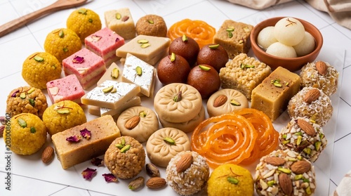 Assorted indian sweets mithai display for diwali festivals and celebrations