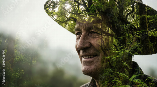 Double exposure of a farmer's face and a lush green forest emphasizing human connection with sustainable nature High definition Area for copy space