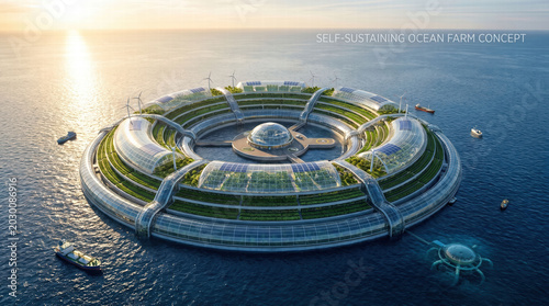 Cinematic aerial drone shot of a futuristic circular vertical farm floating on the ocean self sustaining concept for copy space
