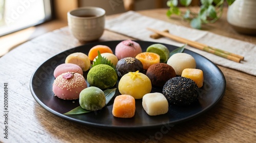 A plate of assorted colorful japanese style sweets and desserts