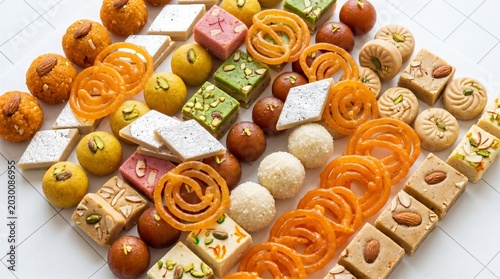 Assorted indian sweets arrangement traditional mithai variety festive dessert display high angle view