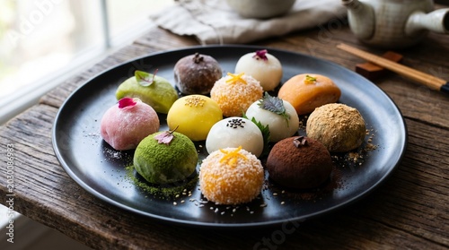 A plate of assorted japanese style mochi desserts on a wooden table