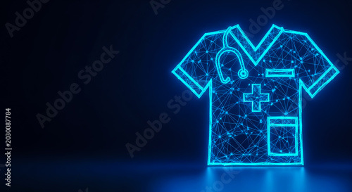 Futuristic neon blue scrubs with a stethoscope and medical symbols, set against a dark backdrop, representing modern healthcare.