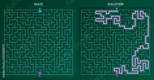 Foto Hard square shaped geometric labyrinth puzzle with emerald aurora background and
