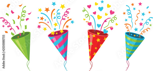 Quadro su tela Colorful party popper vector illustration set with confetti, streamers, stars, a