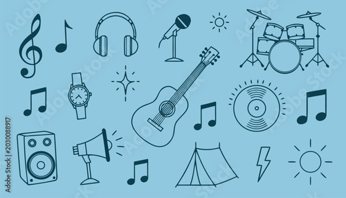 Collection of musical instruments and audio equipment in doodle style