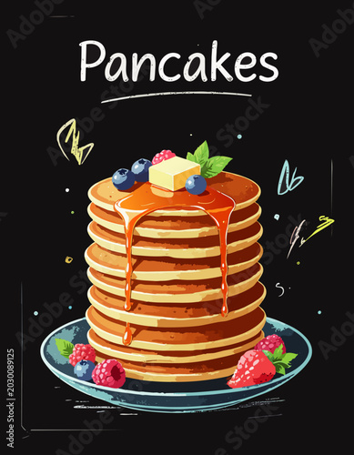  Pila de pancakes cubiertos con jarabe y decorados con frutas frescas sobre fondo oscuro decorativo. Concepto delicioso de desayuno y brunch dulce.

