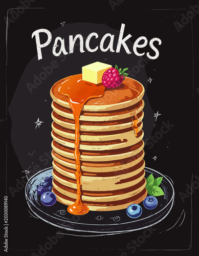  Torre de pancakes con mantequilla, miel y frutos rojos sobre plato decorativo en fondo negro. Diseño apetitoso inspirado en desayuno dulce y cafetería.
