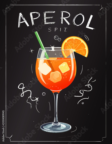  Bebida aperol spritz con hielo y naranja ilustrada en estilo moderno sobre fondo oscuro. Concepto elegante relacionado con cócteles y celebraciones.
