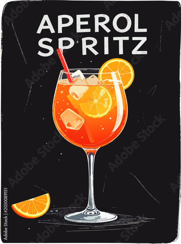  Cóctel aperol spritz con hielo y rodaja de naranja servido en copa elegante sobre fondo negro decorativo. Diseño refrescante para menú de bar y verano.
