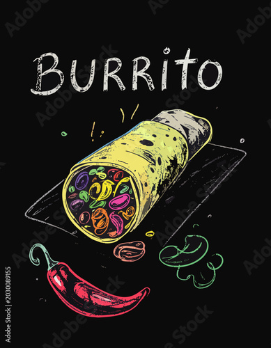 Wrap mexicano relleno de ingredientes frescos acompañado de chile rojo sobre fondo oscuro decorativo. Concepto gastronómico para cafetería o restaurante.
