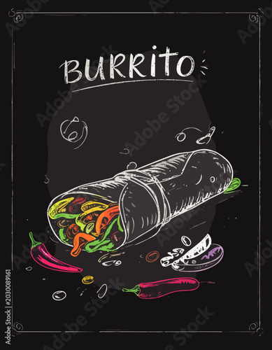  Burrito relleno de verduras y carne ilustrado sobre fondo negro con detalles gráficos coloridos. Diseño moderno inspirado en cocina mexicana y comida rápida.
