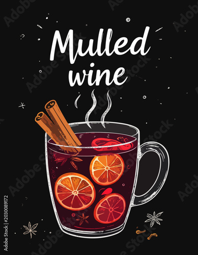  Vaso de vino caliente con cítricos y ramas de canela sobre fondo negro decorativo. Concepto invernal relacionado con bebidas tradicionales y ambiente festivo.
