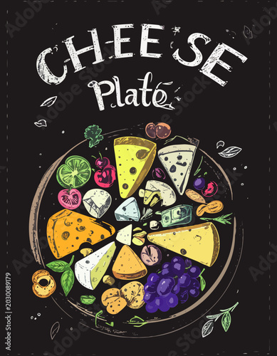  Tabla redonda con variedad de quesos, uvas, nueces y vegetales sobre fondo oscuro estilo menú gastronómico. Diseño gourmet inspirado en cocina europea y degustación.
