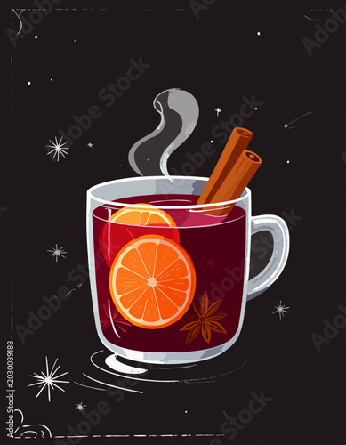  Taza de vino caliente especiado con rodajas de naranja, canela y vapor aromático sobre fondo negro decorativo. Diseño acogedor inspirado en bebidas de invierno y celebraciones festivas.
