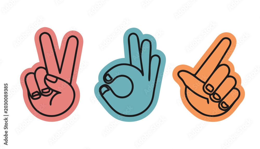 Fototapeta premium Three hands making gestures for peace okay and pointing against a white background with vibrant colors