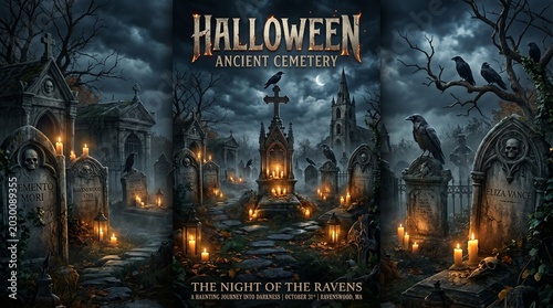 Spooky halloween poster background ancient cemetery with ravens and candlelight