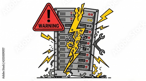 Broken computer server rack tools lightning bolts error signs maintenance system failure database malfunction tech graphic element cutout isolated clean transparent background illustration art