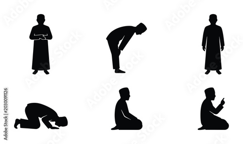 Tableau sur toile Islamic Prayer Poses Vector Icons: Salat Rituals, Muslim Worship, Devotion, Spir