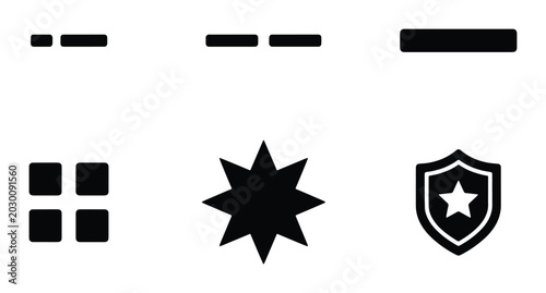 Valokuva Minimalist Black Icons Set: Morse Code, Grid, Starburst, Shield, Security, Commu