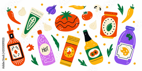 Canvastavla colorful condiment illustration kit with peppers tomatoes and sauce bottles
