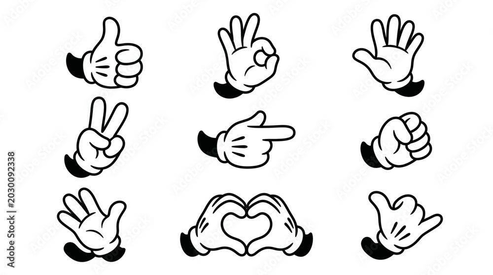 Fototapeta premium Set of Black and White Cartoon Hands Displaying Common Gestures, Including a Heart Shape, on an Isolated White Background.