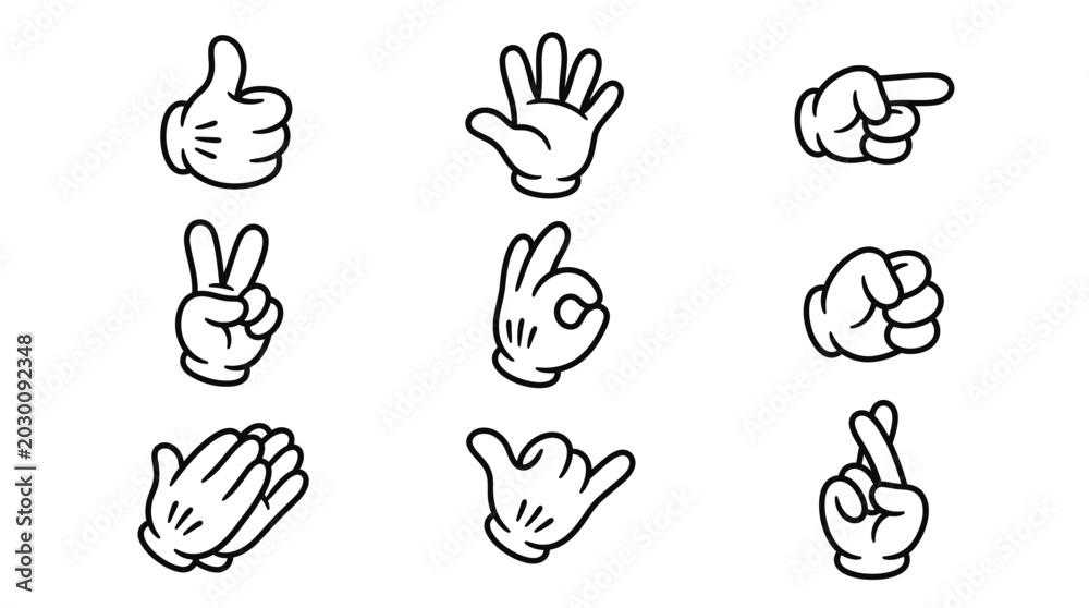 Fototapeta premium Set of Black and White Cartoon Hands Displaying Common Gestures on an Isolated White Background.